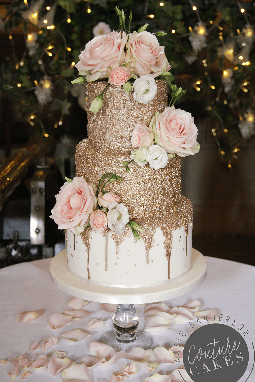 Gold Sequin Wedding Cake: Serves 80 portions, Price cat C, £520 plus £65 flowers