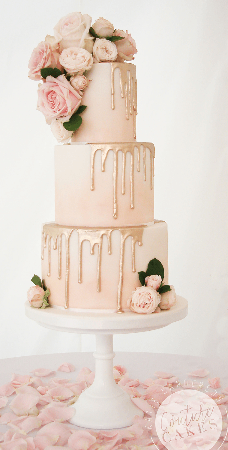 Gold Drip Wedding Cake: Serves 80 portions, Price Category C, £520 excluding fresh flowers