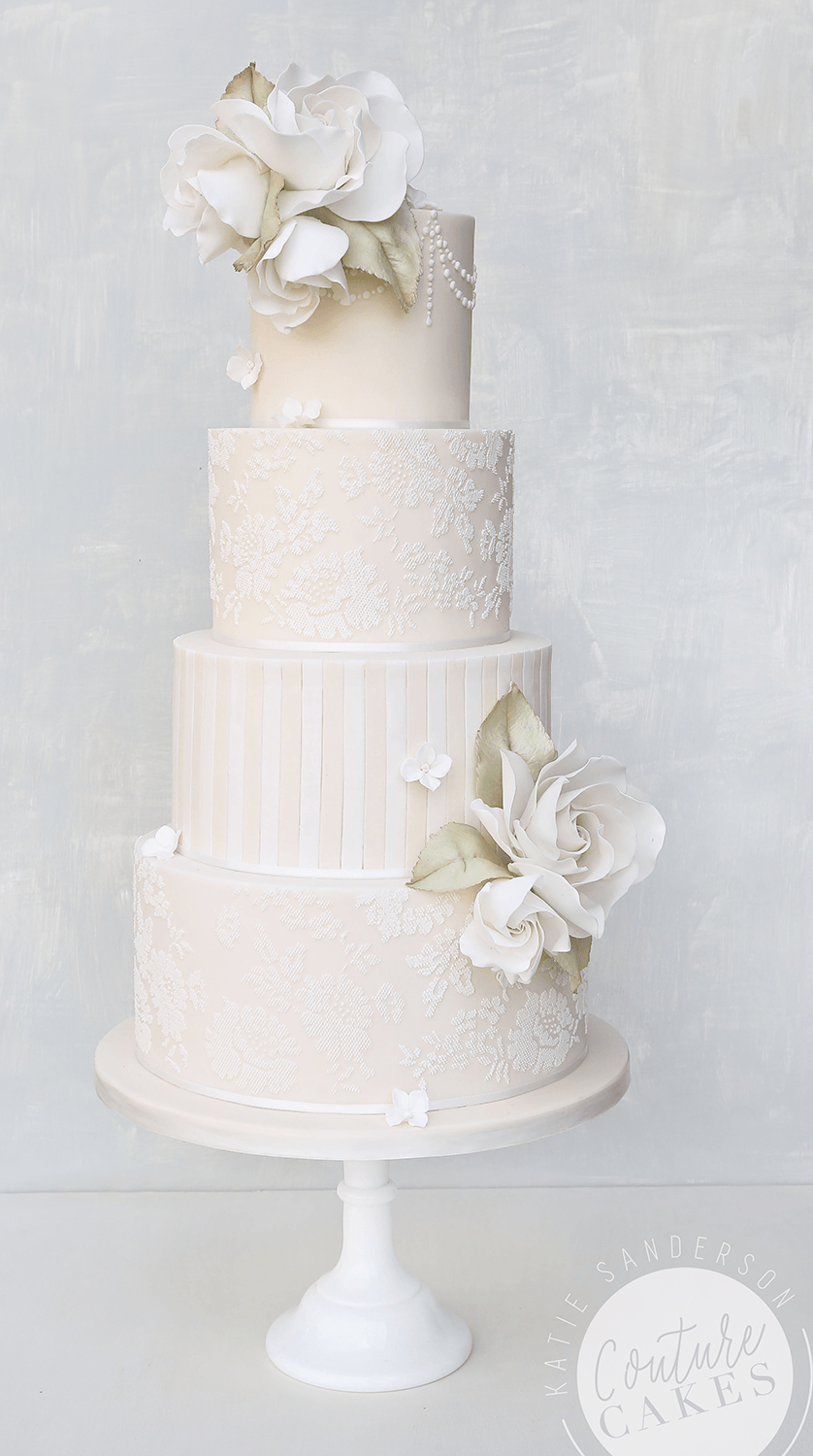 Classic Lace & Stripes Wedding Cake: Serves 180 portions, Price category D £895