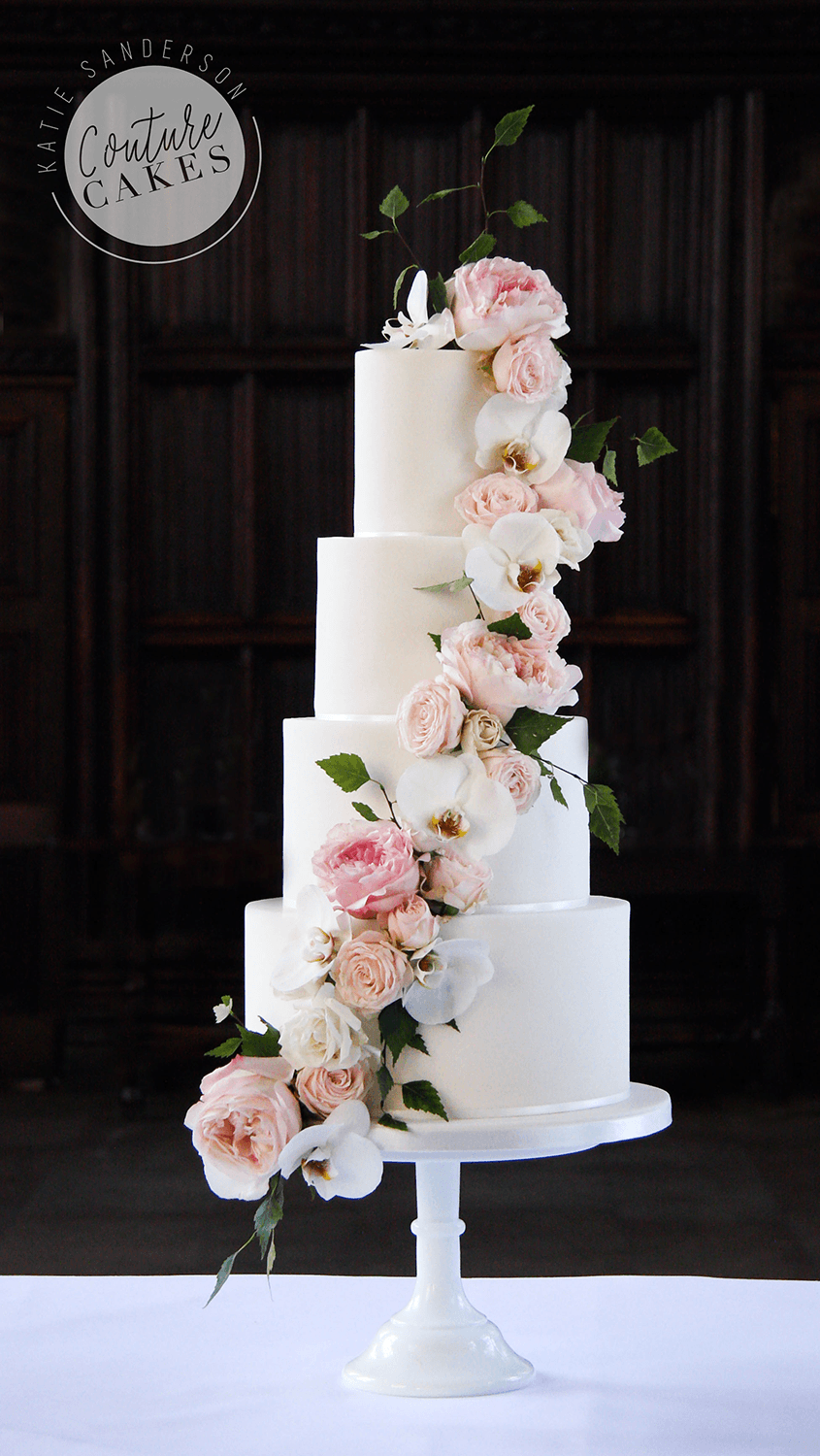 Cascading Roses & Orchids Wedding Cake: Serves 120 portions, Price cat A £490 plus £120 flowers