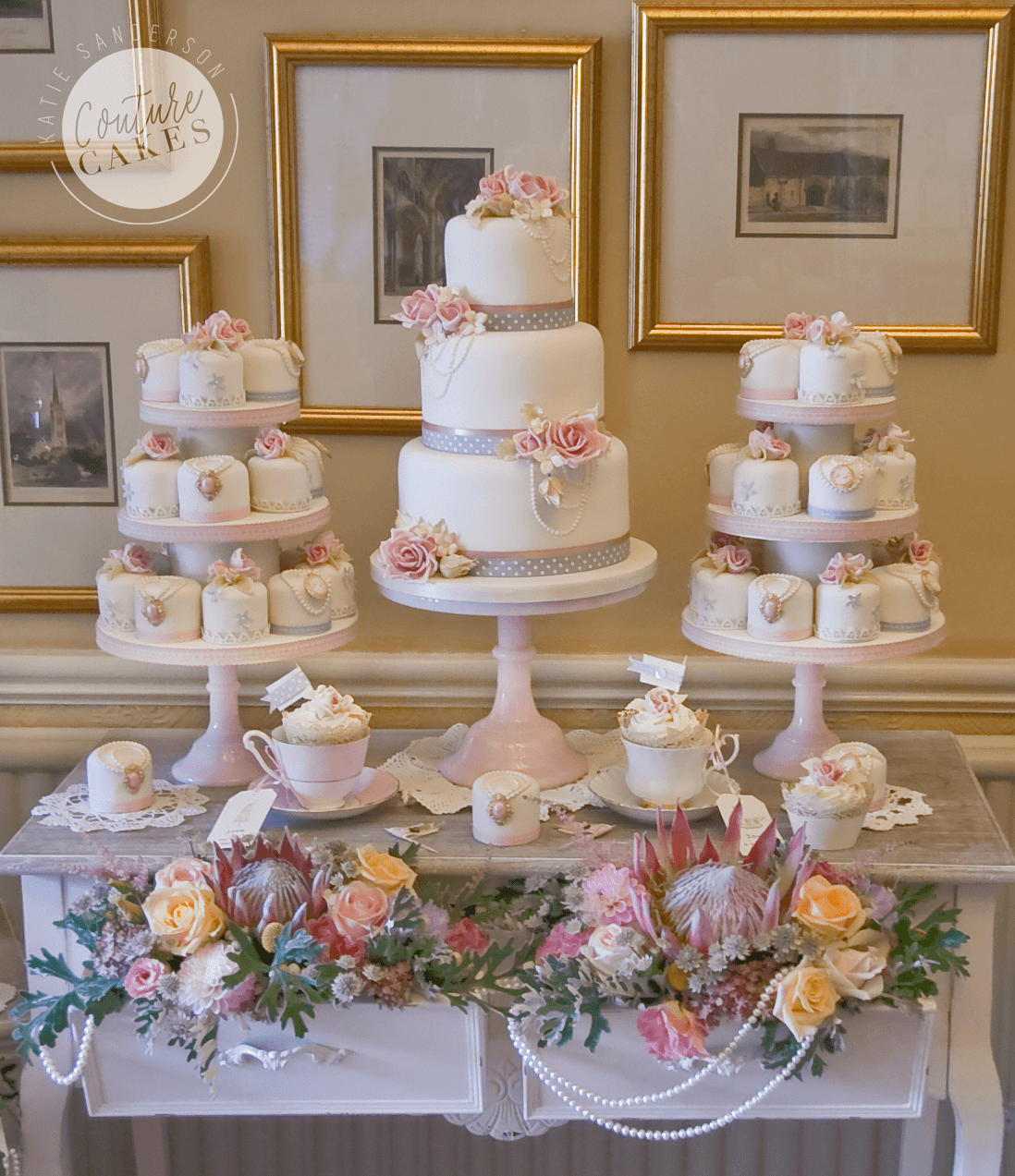 Tiered Cake serves 70 portions, Price £545, plus £420 for 40 mini cakes & tiered stands