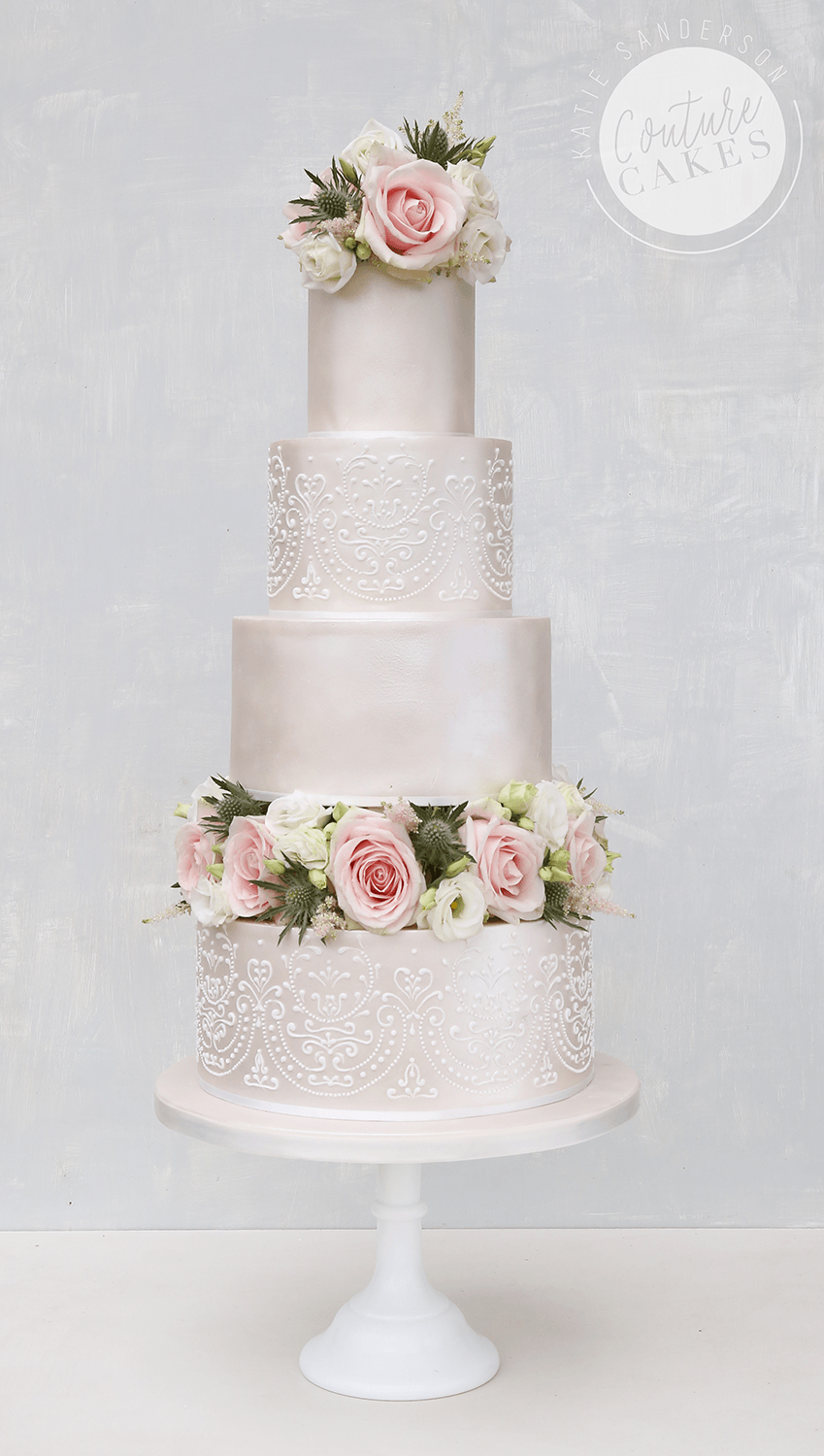 Ornate Piped Wedding Cake: Serves 135 portions, Price category B&C, £760 plus £65 flowers