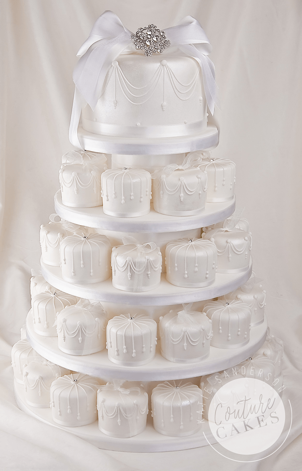 Serves 46 mini cakes and 20 portion top tier, As pictured £577 (for 46 mini cakes and 20 portion top tier