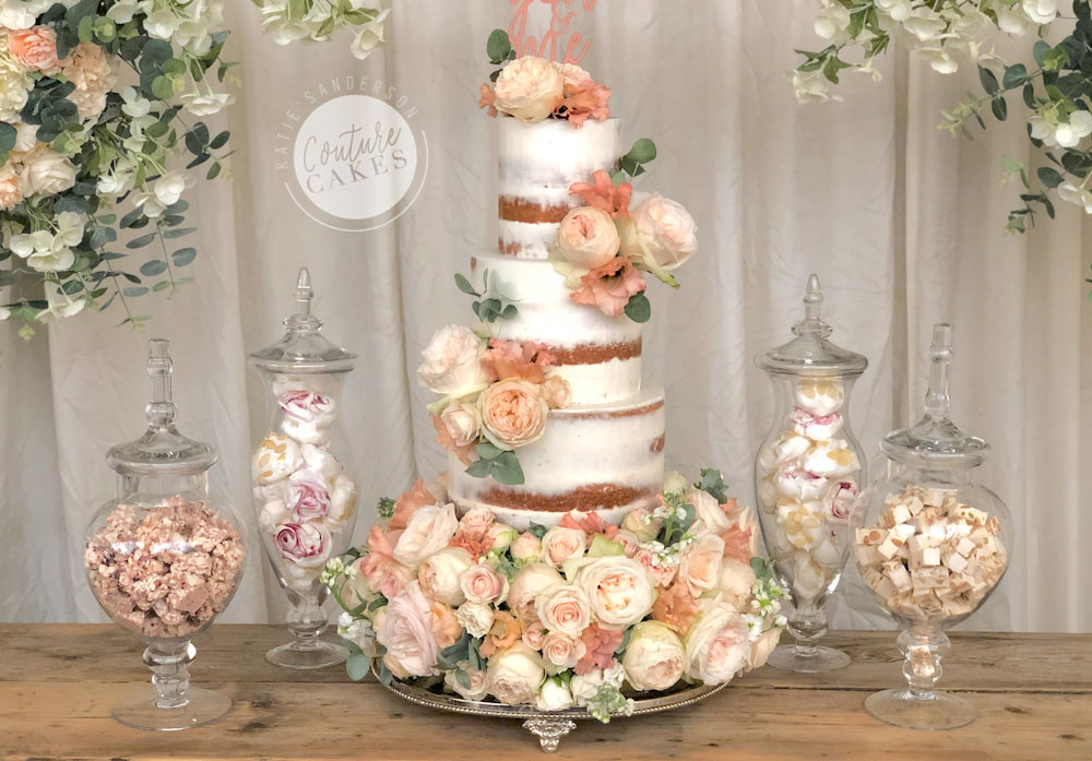 Naked Cake Serves 120 portions, Price £365 plus £250 flowers, £180 for treats & jar hire, plated treats £35 per plate